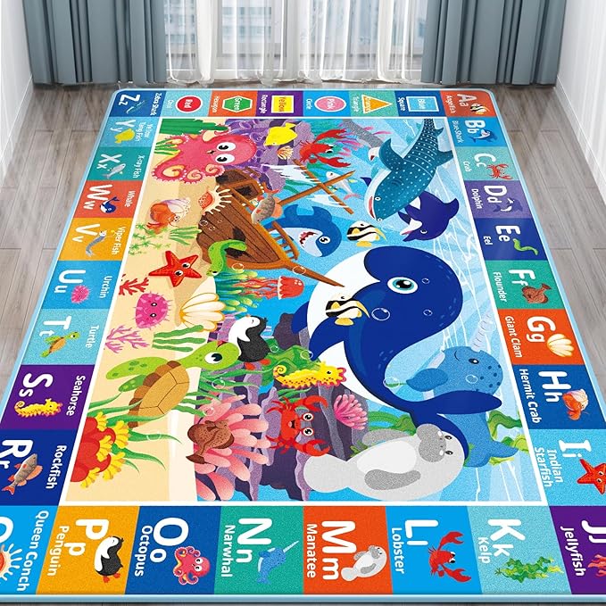 Baby Play Mat for Floor, ABC Kids Play Mat, Sea Animals Kids Rugs for Girls and Boys Playroom, Foldable Rug for Baby Toddler Infants Crawling Playing (Blue, 110.2X78.7 INCH)