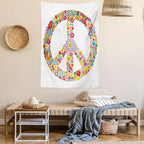Ambesonne Groovy Tapestry, Floral Peace Sign Summer Spring Blooms Love Happiness Themed Illustration Print, Fabric Wall Hanging Decor for Bedroom Living Room Dorm, 30" X 45", Red White