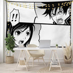 Ambesonne Anime Tapestry, Japanese Comics Strip Boy and Girl Fight Scene Manga Image Cartoon Print, Fabric Wall Hanging Decor for Bedroom Living Room Dorm, 28" X 23", Black White Grey