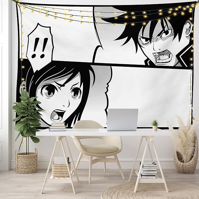 Ambesonne Anime Tapestry, Japanese Comics Strip Boy and Girl Fight Scene Manga Image Cartoon Print, Wide Wall Hanging for Bedroom Living Room Dorm, 80" X 60", Black White Grey
