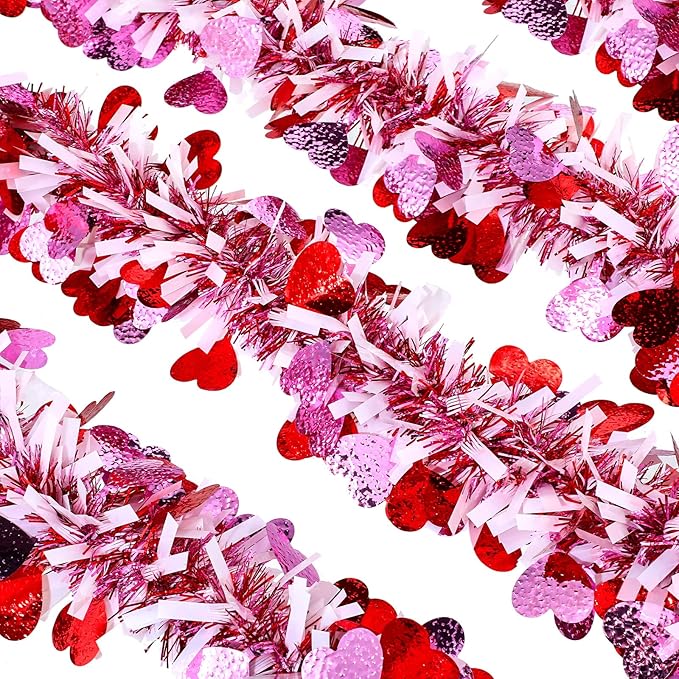 26.2 Feet Valentine's Day Heart Tinsel Garland Love Party Metallic Tinsel Shiny Garland Hanging Decoration for Valentine Wedding Anniversary Party Supplies