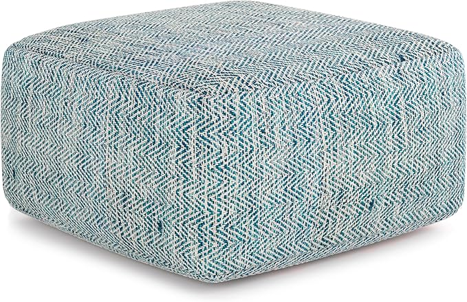 SIMPLIHOME Nate Square Pouf - 20 inch Wide Upholstered Handwoven Cotton Ottoman in Patterned Teal Melange, Boho Footstool or Extra Seating for Living Room with Artisanal Texture, Assembled