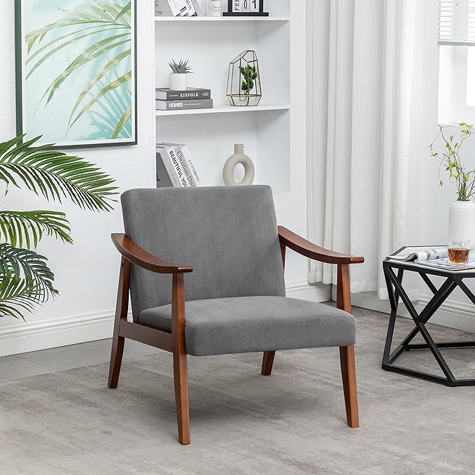 Accent Chair with Velvet Upholstery and Solid Wood Frame, Classic Mid-Century Modern Living Room Furniture for Extra Seating, Grey