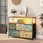 Tohomeor TV Stand with Power Oulet Dresser with Charging Station & LED Light Dresser with 6 Fabric Drawers for Living Room Storage Chest of Drawers Retro Dresser with Open Shelf Wooden Top