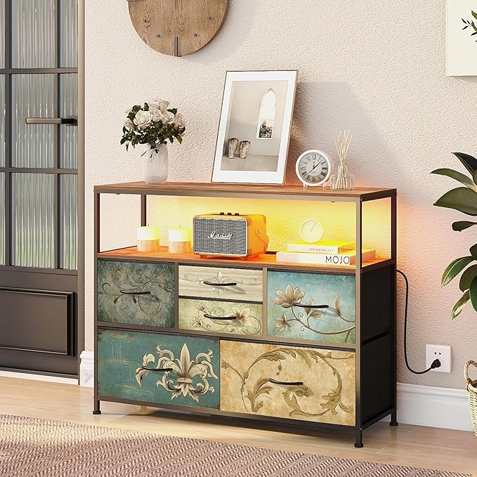 Tohomeor TV Stand with Power Oulet Dresser with Charging Station & LED Light Dresser with 6 Fabric Drawers for Living Room Storage Chest of Drawers Retro Dresser with Open Shelf Wooden Top