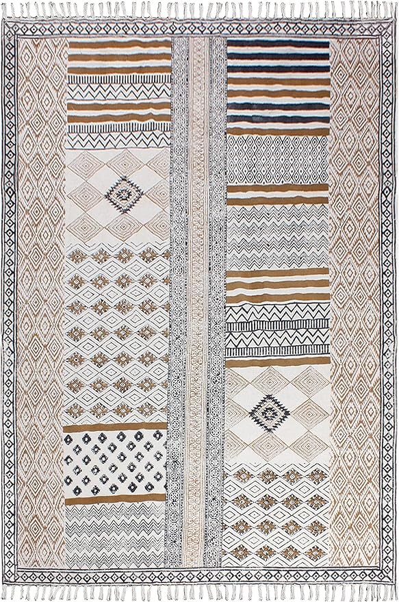 Area Rugs for Living Room 6x9 Kilim Rug Brown & Black Cotton Dhurrie Geometric Thick 0.19 inches Stone Easy Washable Rug Hand Wash Cotton Carpet Flatweave Rug Indoor Outdoor Rugs for Bedroom