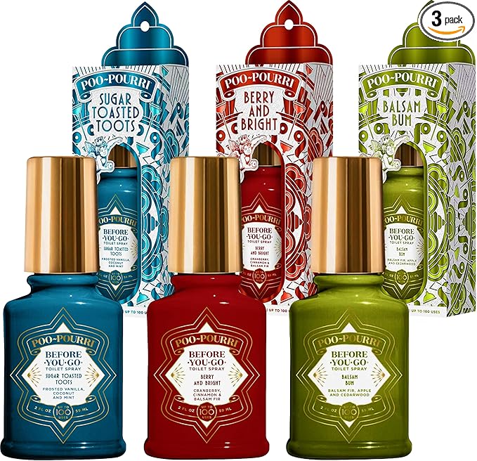 Poo-Pourri Toilet Spray, Holiday Pack Gift Set - Berry and Bright Balsam Bum and Sugar Toasted Toots Includes 3 2-Ounce Bottles
