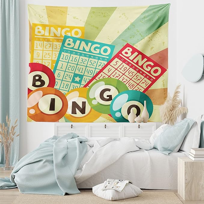 Ambesonne Vintage Tapestry, Bingo Game with Ball and Cards Pop Art Lottery Hobby Celebration Theme, Fabric Wall Hanging Decor for Bedroom Living Room Dorm, 45" X 30", Teal Multicolor