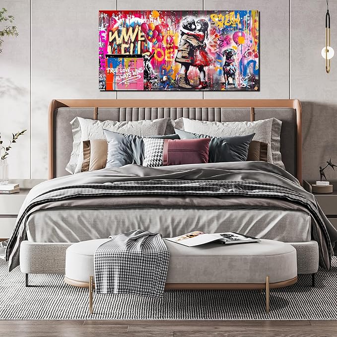 CIRABKY Graffiti Wall Art - Colorful Banksy Wall Art - Boy Kiss Girl Print - 20" x 40"