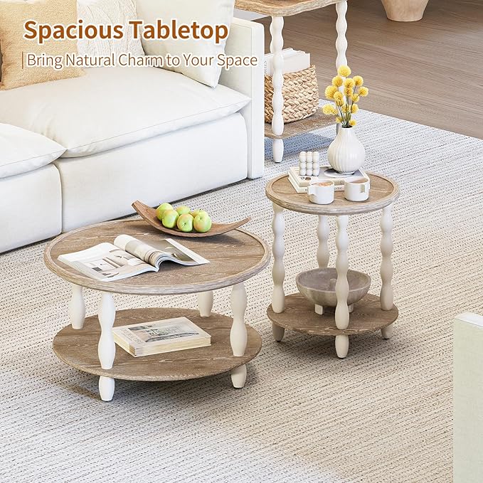 karlott Round Coffee Table, 30.3" Coffee Tables for Living Room, Solid Wood Veneer 2-Tier Center Table with Storage Shelf, Pine Leg, Boho Rustic Farmhouse Coffee Table for Living Room, Easy Assembly