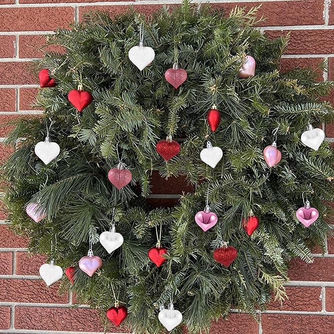 Valentine's Day Heart Ornaments for Tree - Valentine Ornaments Valentines Tree Decorations - Glitter Rose Gold Red White - Mini 24 Pcs
