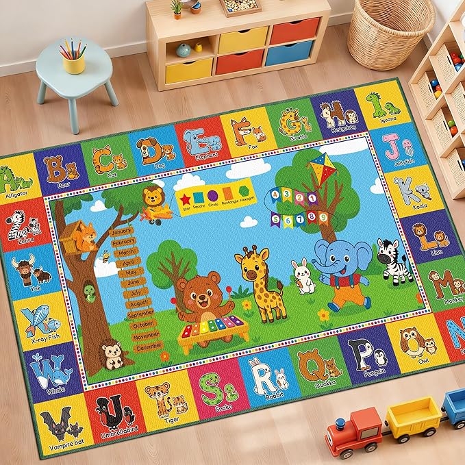 Upgrade Ultra Non Slip Kids ABC Rug for Kids Playroom, 4x7 Washable Alphabet Educational Learning Play Mat for Toddlers Baby, Colorful Carpet with Animals for Nursery, Classroom & Bedroom, 48"x80"