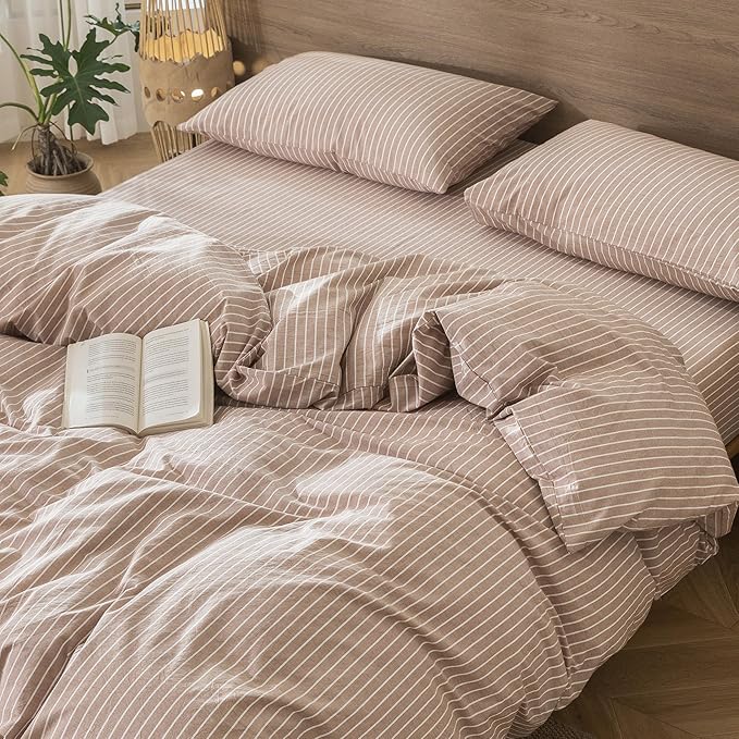 MooMee Striped Duvet Cover Set 100% Washed Cotton Linen Like Textured Breathable Durable Soft Comfy (Orange White Wide Stripes, Twin 68"x90")