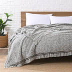 Ultra Soft Fleece Sherpa Blanket Queen Size,Lightweight Cozy Boho Bed Blanket with Decorative Tassel, Pattern Reversible, 2 Tones Ombre Black, 90”x90”