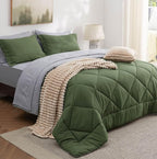 Bedsure King Size Comforter Set - 7 Pieces Reversible Olive Green Bedding, King Size Bed Set for All Seasons, Bed in a Bag with Down Alternative Comforter, Sheets, Pillowcases & Shams