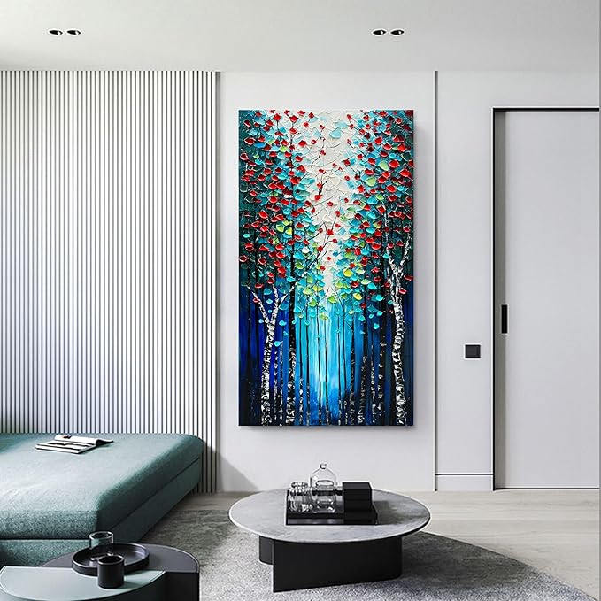 Forest Landscape Hand Painted Art Oil Painting Dark Blue Large Vertical Canvas Wall Art 46×23 Inch Oil Painting Home Wall Decoration Art