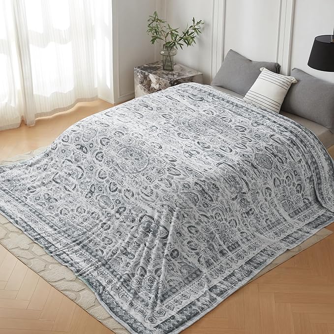 Oversized Vintage Pattern Blanket 120x120 Inches, Giant 10'x10' for Bed, Travel, and Camping, Extra Large Soft Blanket for The Whole Family and Outdoor, Grey