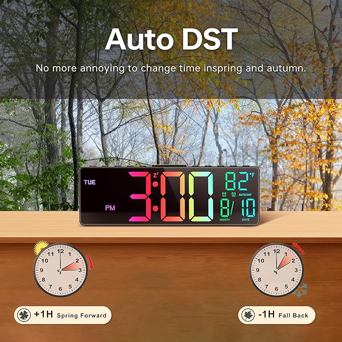 JALL 10.5'' Digital Large Alarm Clock with 8-in-1 RGB Colors, Date, Month, Temperature LED, Auto DST, Modern for Desk, Wall, Living Room, Bedroom, Birthday Xmas Gift (Black, 10.5 inches)