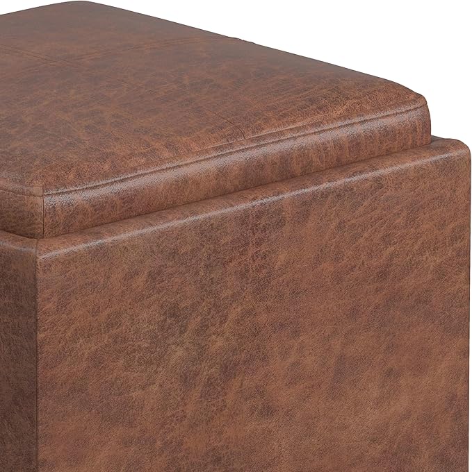 SIMPLIHOME Rockwood Cube Storage Ottoman with Tray - 17 inch Wide Upholstered Vegan Leather Square Storage Ottoman in Distressed Saddle Brown, Contemporary Cube Ottoman for Living Room with Tray