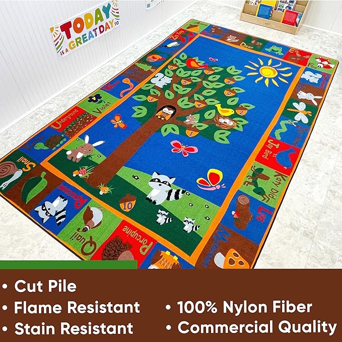 KIDCARPET.COM Forest Fun Rectangle Classroom Rug | Bordered Area Rug for Preschool Daycare Learning, 6' x 8'6"