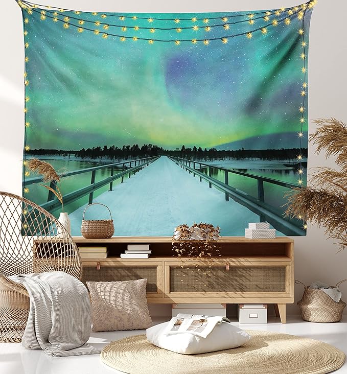 Ambesonne Aurora Borealis Tapestry, Long Mystic Sky over Bridge in Snowy Arctic Frozen River Image, Fabric Wall Hanging Decor for Bedroom Living Room Dorm, 45" X 30", Lime Green Petrol Blue