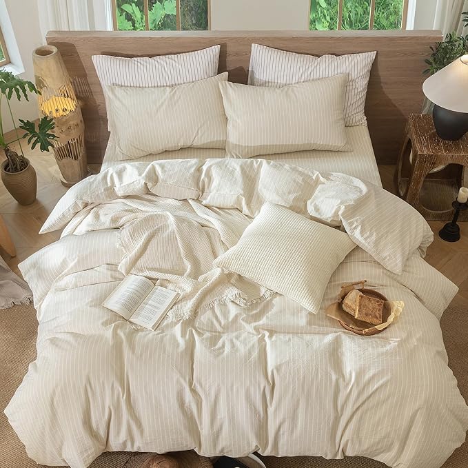MooMee Striped Duvet Cover Set 100% Washed Cotton Linen Like Textured Breathable Durable Soft Comfy (Almond Milk Grey White Wide Stripes, Twin 68"x90")