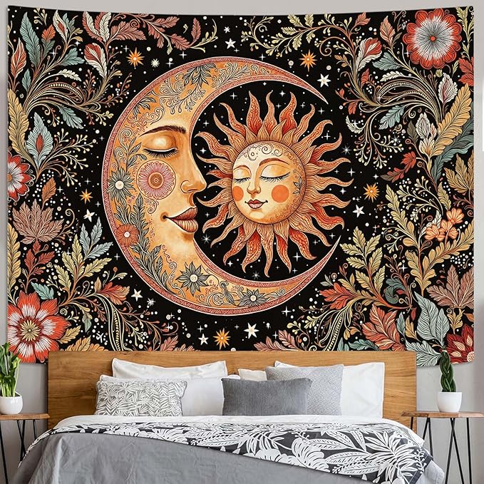 Accnicc Vintage Sun and Moon Tapestry Boho Hippie Floral Wall Tapestry for Bedroom Aesthetic Brown Celestial Spiritual Botanical Plant Large Tapestries Wall Hanging for Living Room Dorm 80 x 60 Inch