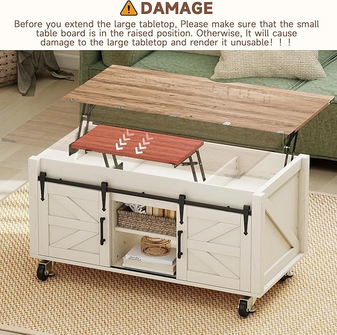 40” Farmhouse Coffee Table Bilateral Lift Top with Sliding Barn Door Movable Rustic Square Center Table with Large Hidden Storage Compartment Lifting Tabletop for Home Living Room,Office (White)