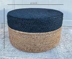 S & L Homes Pouf Ottoman - 100% Jute Braided Footrest Pouf Hand Knitted Traditional Cord Boho Pouffe for Living Room, Bedroom, Nursery, Patio, Lounge Colorblock - Natural Navy (20”x20”x10”)