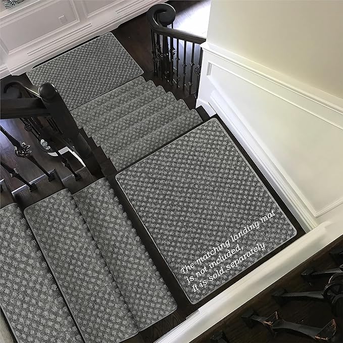 PURE ERA Bullnose Carpet Stair Treads Set Tape Free Non-Slip Indoor Stair Protectors Pet Friendly Rugs9.5" x 30"(2 Pieces,Grey Mini-Diamond Trellis)