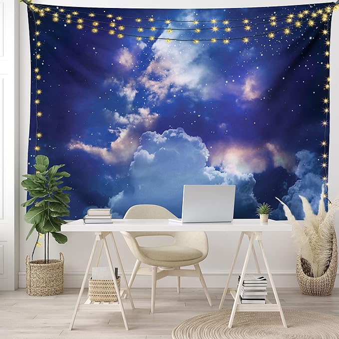 Ambesonne Space Tapestry King Size, Magic Sky View with Star and Clouds Celestial Colorful World Cosmic Expanse Theme, Wall Hanging Bedspread Bed Cover Wall Decor, 104" X 88", White and Blue