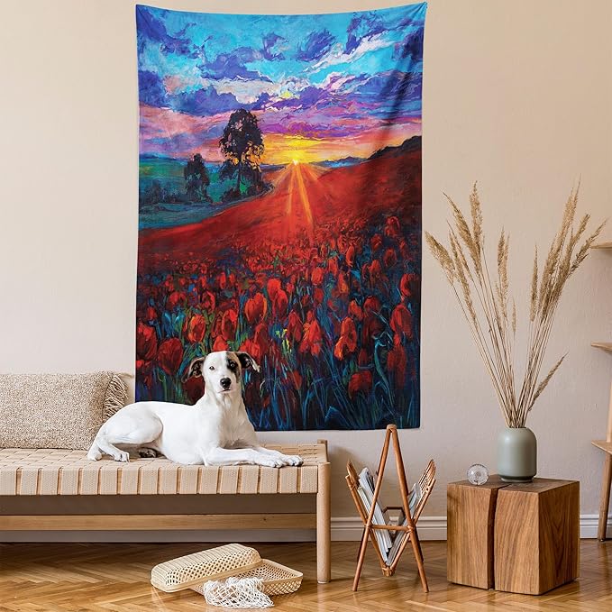 Ambesonne Country Tapestry Twin Size, Clouds at Sunset Paint Scenery of Poppy Flower Garden on Valley with Horizon, Wall Hanging Bedspread Bed Cover Wall Decor, 68" X 88", Burgundy Deep Sky Blue