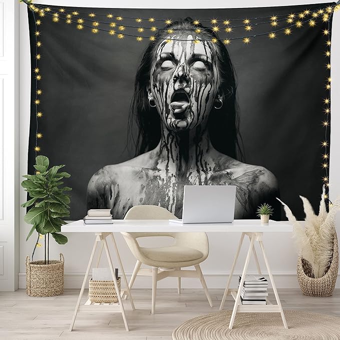 Ambesonne Zombie Tapestry, Unusual Scream Monster Woman with Empty Eyes Looking up Horror Picture Design, Wide Wall Hanging for Bedroom Living Room Dorm, 60" X 40", Black and White