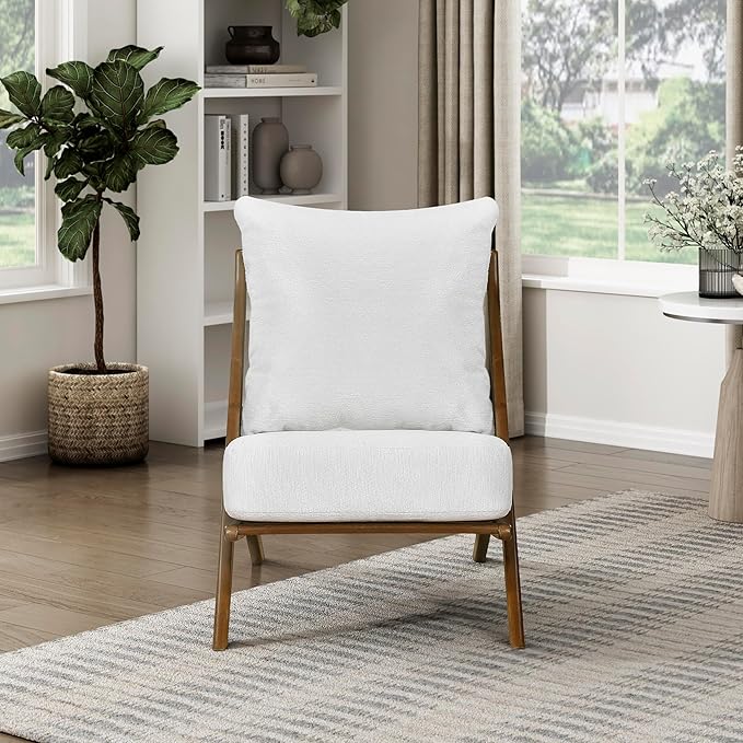 Lexicon Modern Accent Chair, Pascal Brown Solid Rubberwood Frame, Woven Chenille Upholstered Armless Chair with Reversible Cushions and Removable Covers, for Living Room, Bedroom and Office, Beige