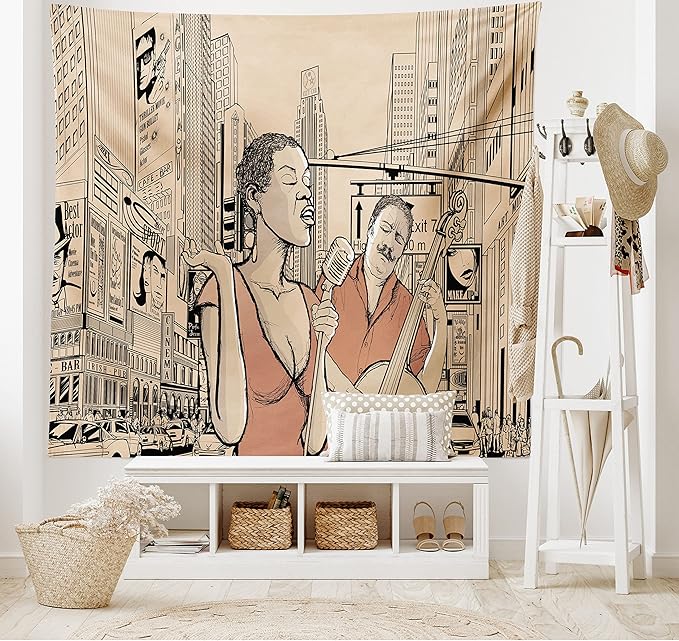 Ambesonne Jazz Music Tapestry King Size, Singer Double-Bass Player in a Street of New York Urban Lifestyle Image, Wall Hanging Bedspread Bed Cover Wall Decor, 104" X 88", Brown Beige