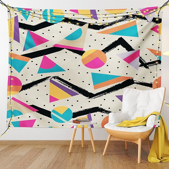 Ambesonne Indie Tapestry King Size, Eighties Memphis Fashion Style Geometric Abstract Colorful Design Dots Funky, Wall Hanging Bedspread Bed Cover Wall Decor, 104" X 88", Cream Pink