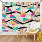 Ambesonne Indie Tapestry King Size, Eighties Memphis Fashion Style Geometric Abstract Colorful Design Dots Funky, Wall Hanging Bedspread Bed Cover Wall Decor, 104" X 88", Cream Pink