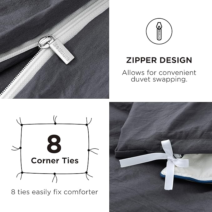 Bedsure Duvet Cover Queen Size with Fitted Sheet - 4 Pieces Prewashed Cotton-Like Extra Soft Bedding Set, Includes 1 Duvet Cover 90x90 Inches, 2 Pillow Shams, 1 Fitted Sheet, Dark Grey