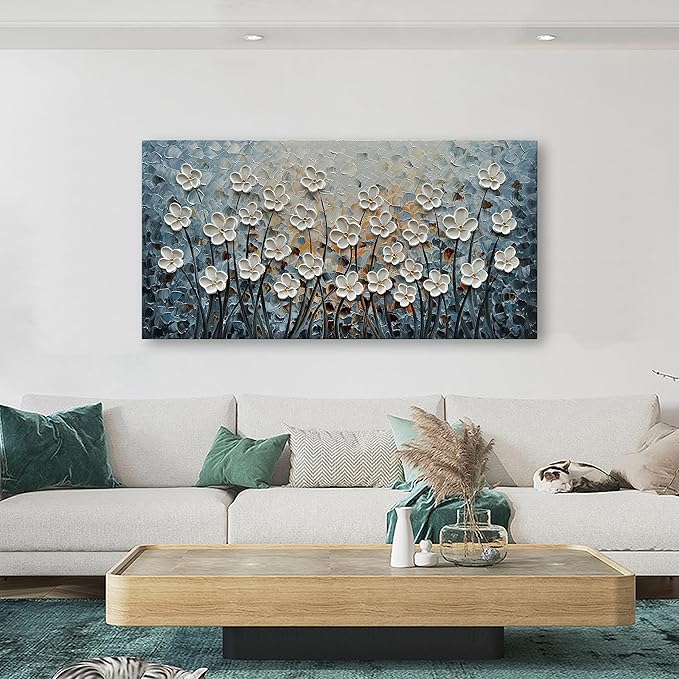 White Flower Canvas Wall Art Painting Hand-Painted Contemporary Art Works Living Room, Bedroom, Dining Room Wall Decoration 24x48 Inch