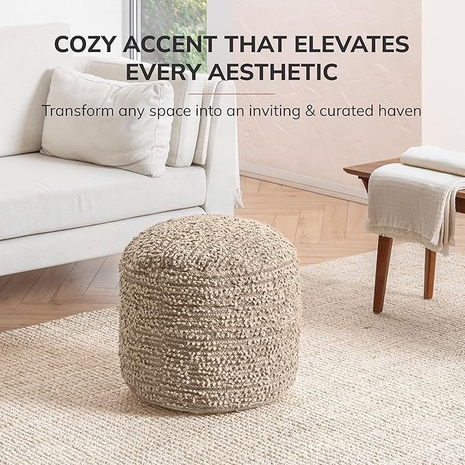 Anji Mountain Artisan Crafted Cotton Blend Pouf Ottoman | Versatile Floor Seating & Footstool for Living Room | Modern Boho Home Décor Accent | Filled Pouffe