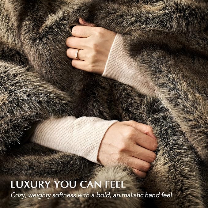 EVERGRACEHOME Luxury Faux Fur Throw Blanket, Soft Fluffy Faux Mink Blankets for Bed, Couch, Sofa, Thick Cozy Plush Warm Fur Throws with Reversible Velvet, Ombré Sable Brown, 50"x60"