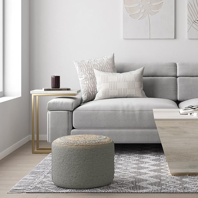 SIMPLIHOME Serena Contemporary Round Braided Pouf in Dove Grey Cotton for the Living Room, Bedroom and Kids Room