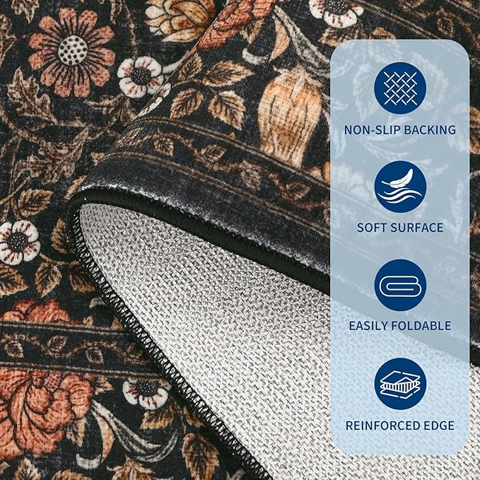 GarveeHome Brown Vintage Floral Washable Rugs 5x7 for Living Room Black Boho Botanical Retro Rug Low Pile Stain Resistance Non Slip Carpet for Bedroom Nursery Dining Room