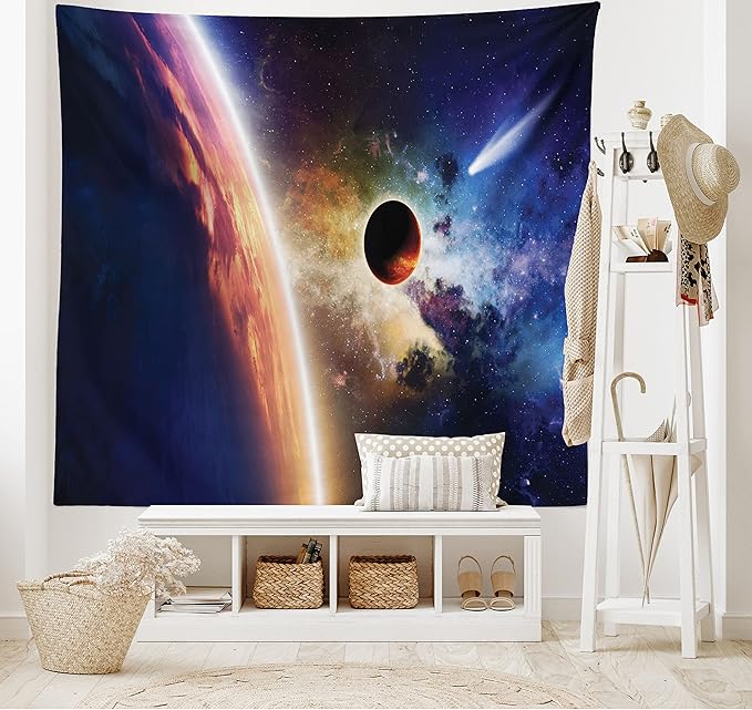 Ambesonne Outer Space Tapestry, Comet Approaches Vibrant Planet Scientific Realities in Solar System World Scene, Wide Wall Hanging for Bedroom Living Room Dorm, 80" X 60", Blue Red