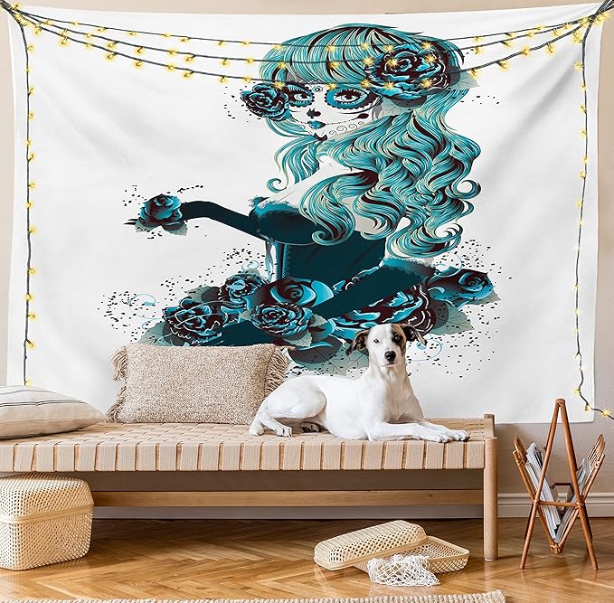 Ambesonne Skull Tapestry King Size, Vintage Sugar Shape Girl Day of the Dead Bride Dark Color Roses Graphic, Wall Hanging Bedspread Bed Cover Wall Decor, 104" X 88", Petrol Blue White