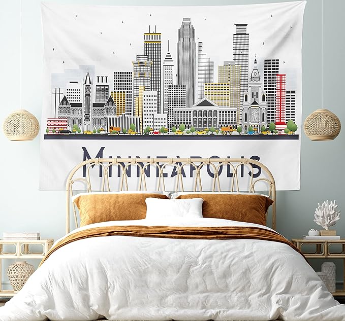 Ambesonne Minnesota Tapestry Twin Size, Elevation of a Street in Minneapolis Image with High Detailed Facades, Wall Hanging Bedspread Bed Cover Wall Decor, 68" X 88", White Grey