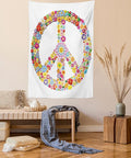 Ambesonne Groovy Tapestry Twin Size, Floral Peace Sign Summer Spring Blooms Love Happiness Themed Illustration Print, Wall Hanging Bedspread Bed Cover Wall Decor, 68" X 88", Red White