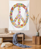 Ambesonne Groovy Tapestry Twin Size, Floral Peace Sign Summer Spring Blooms Love Happiness Themed Illustration Print, Wall Hanging Bedspread Bed Cover Wall Decor, 68" X 88", Red White