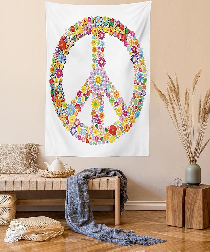Ambesonne Groovy Tapestry, Floral Peace Sign Summer Spring Blooms Love Happiness Themed Illustration Print, Fabric Wall Hanging Decor for Bedroom Living Room Dorm, 23" X 28", Red White