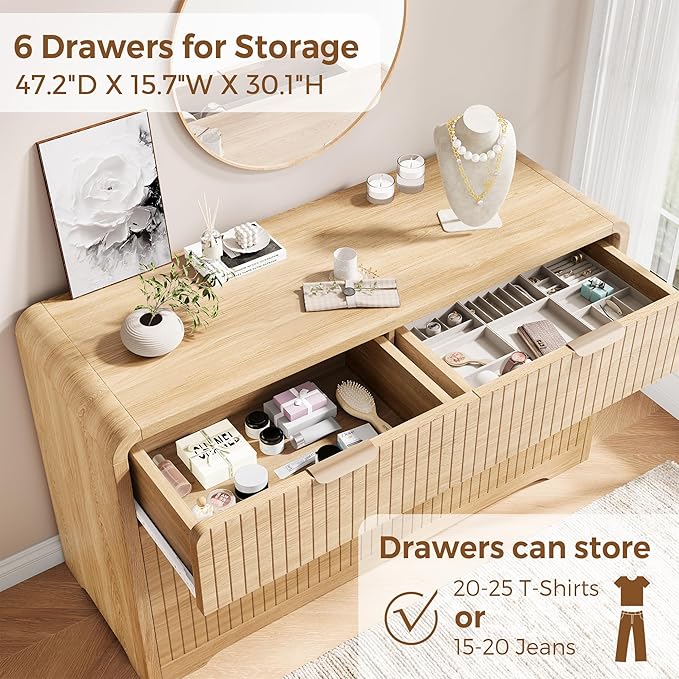 Modern 6 Drawer Dresser, 47" Wide Wood Dressers & Chests of Drawers Curved Profile Design, Mid Century Modern Fluted Dresser for Bedroom, Natural Oak